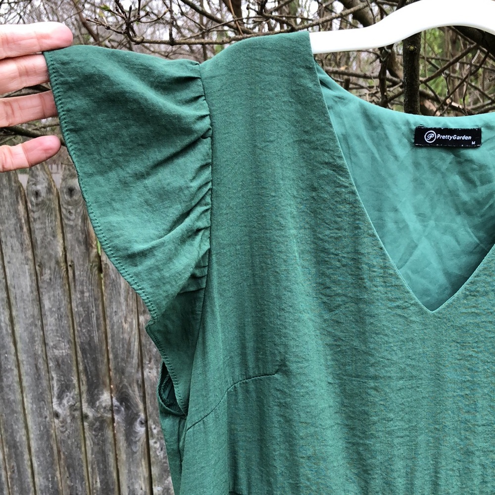 M Green Cotton Dress Pockets Flowy Ruffle Lined Midi Spring - Picture 4 of 10